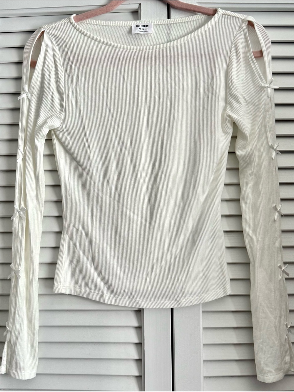 Cotton On White Ribbed Long-Sleeve Top with Bows
